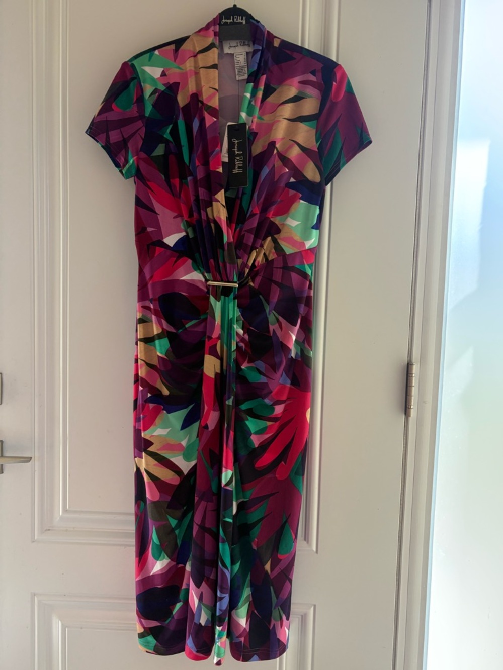 Joseph Ribkoff Multicolor Floral Abstract Midi Dress with Front Twist in Size 8
